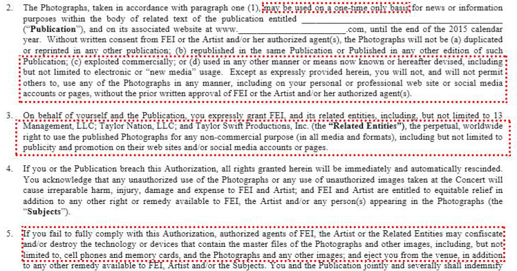 Taylor Swift concert photographers' contract