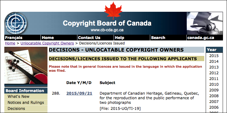 Screenshot of Copyright Board of Canada