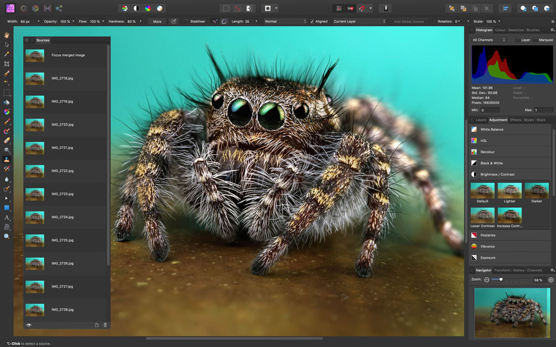 Affinity Photo 1.7 screenshot showing focus stack to create macro images