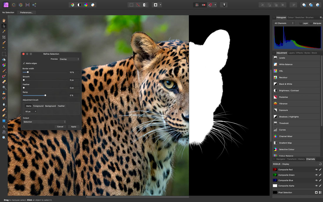 Affinity Photo 1.7 screenshot showing fine selection