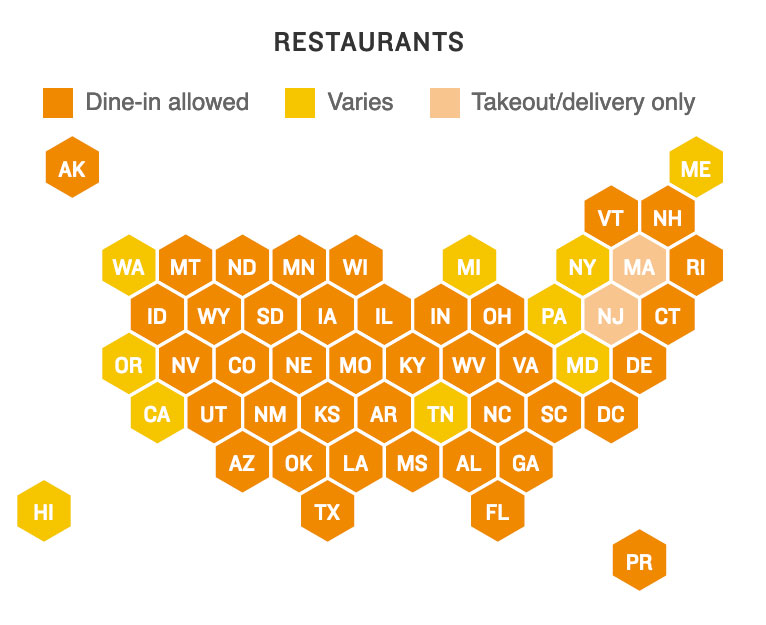 COVID map showing restaurant guidelines