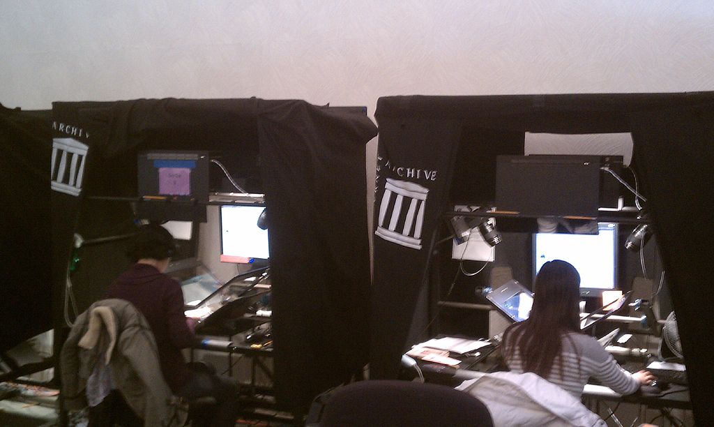 Book scanning stations at the Internet Archive's San Francisco headquarters.