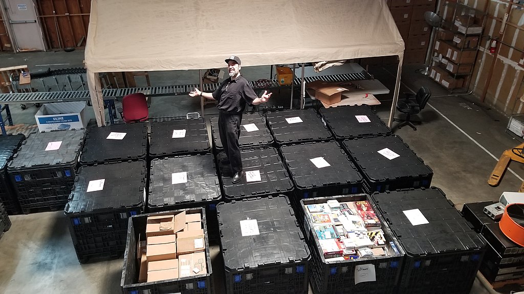 About half of the material being sorted at the Internet Archive's physical archive warehouse for the software collection.
