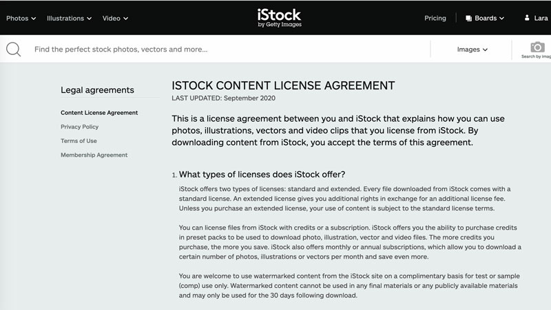 Screenshot showing image license terms page