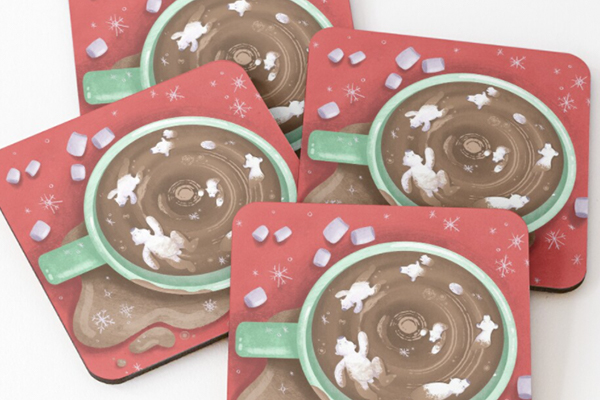 holiday image of hot chocolate bear coasters by Sarah Nettuno