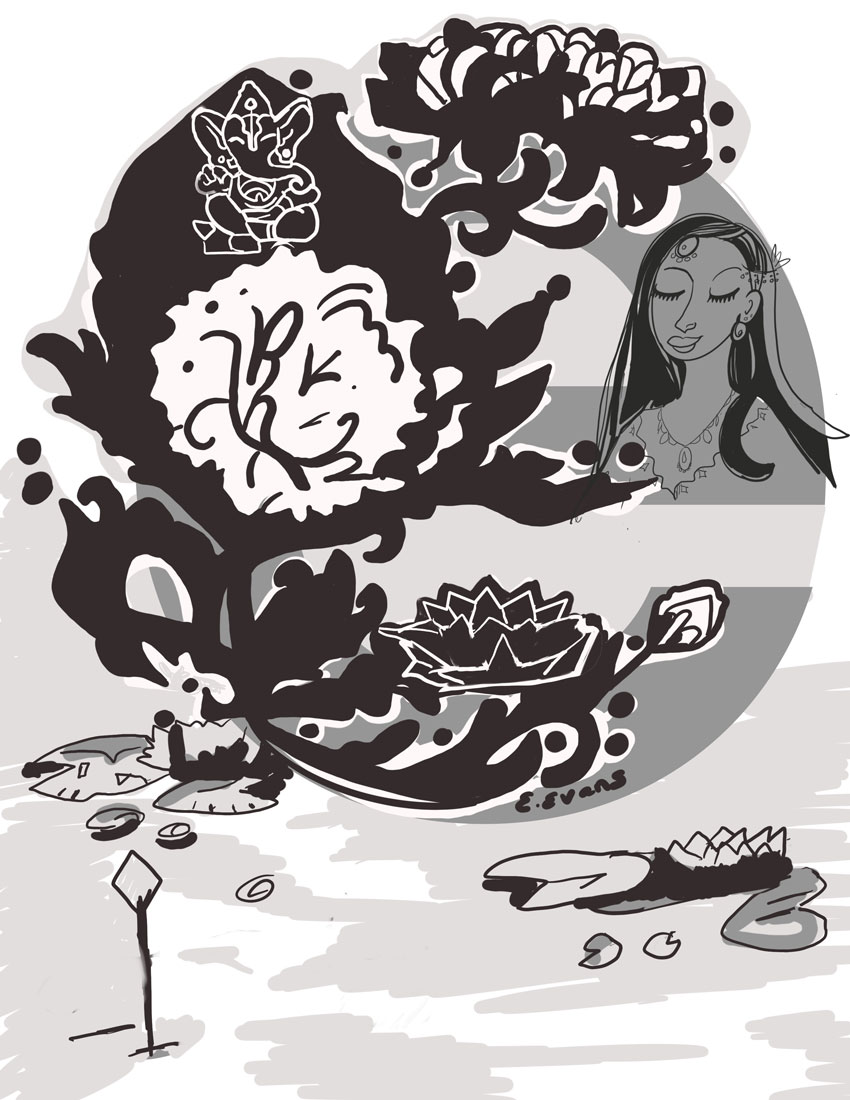 illustration in black and white with a brushstroke quality of flowers and a woman meditating