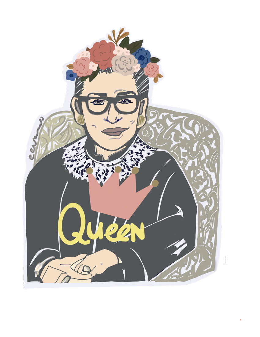 illustration of Ruth Bader Ginsburg with a crown of flowers and lettering saying Queen.