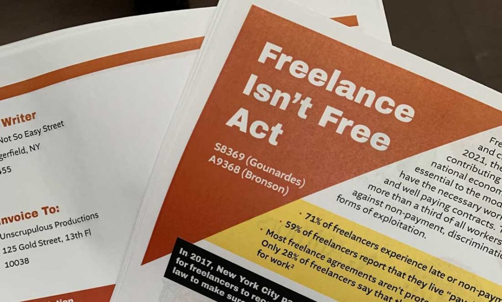 closeup of flyers used for lobbying for the Freelance Isn't Free act