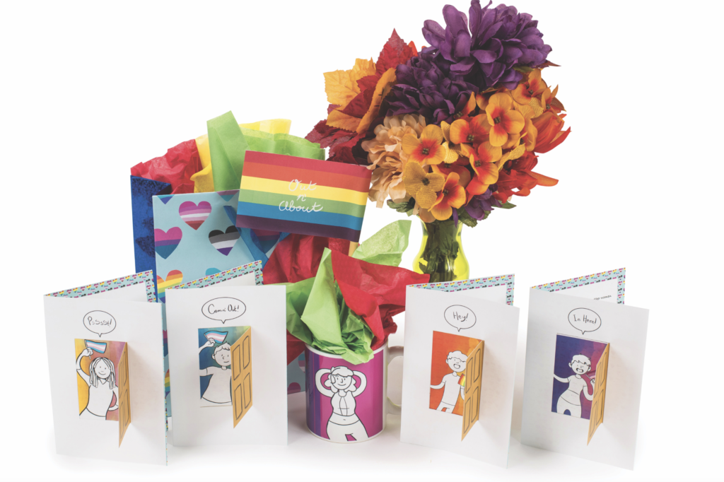 Photograph of a fully printed greeting card line for individuals coming out as LGBT+. The cards feature gay