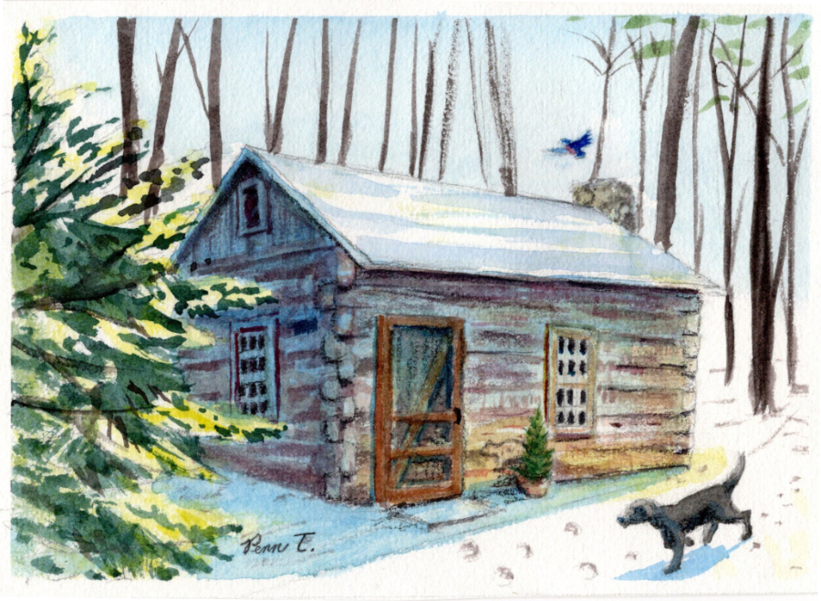 Log cabin in autumn. Watercolor on paper.