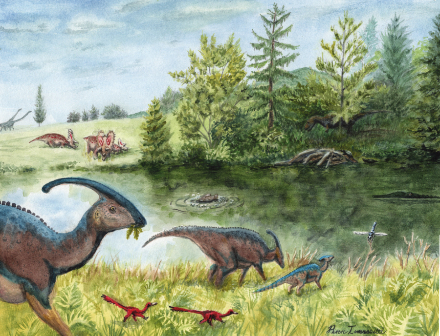 Parasaurolophus family by the lake. Watercolor on paper.