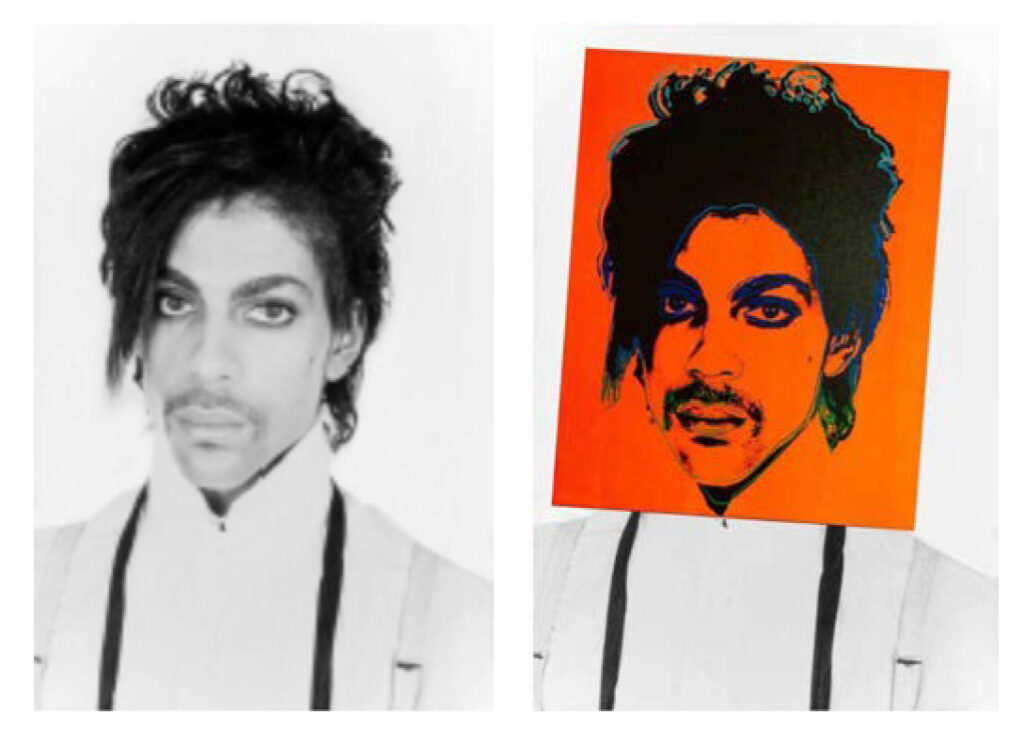 image showing Lynn Goldsmith's original photograph or Prince compared to the Warhol silkscreen of the photo