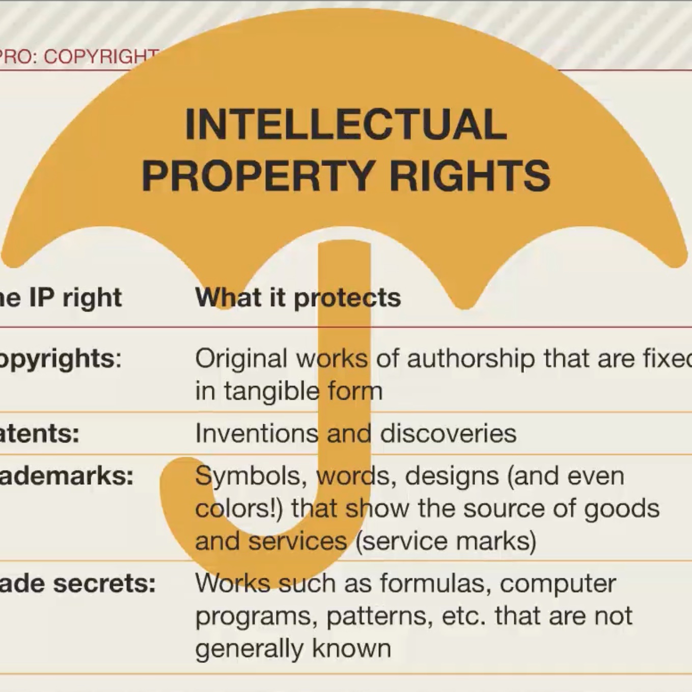 screenshot from the Copyright Basics webinar showing an umbrella illustration with a list of intellectual property rights