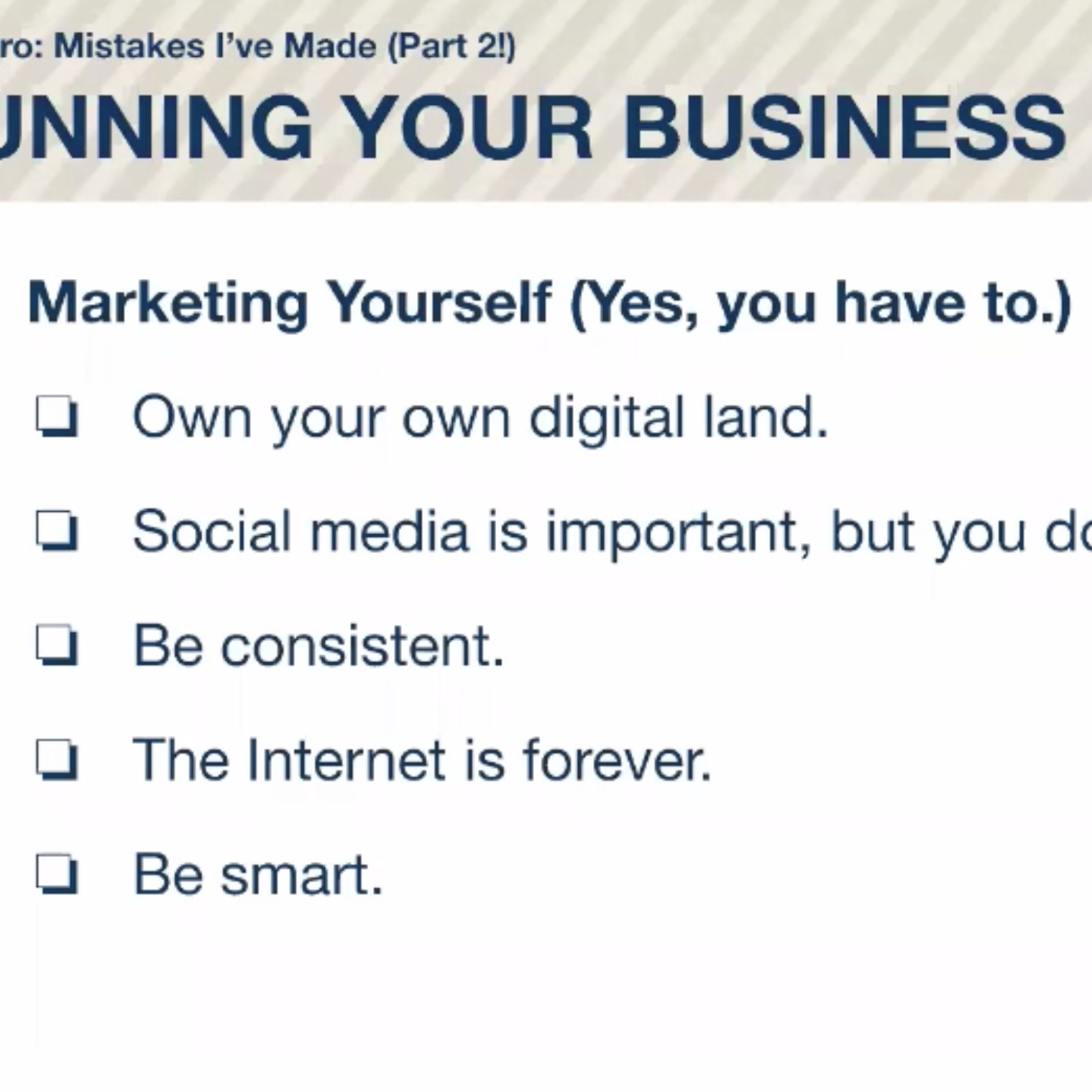 screenshot from the webinar showing a bulleted list of marketing steps